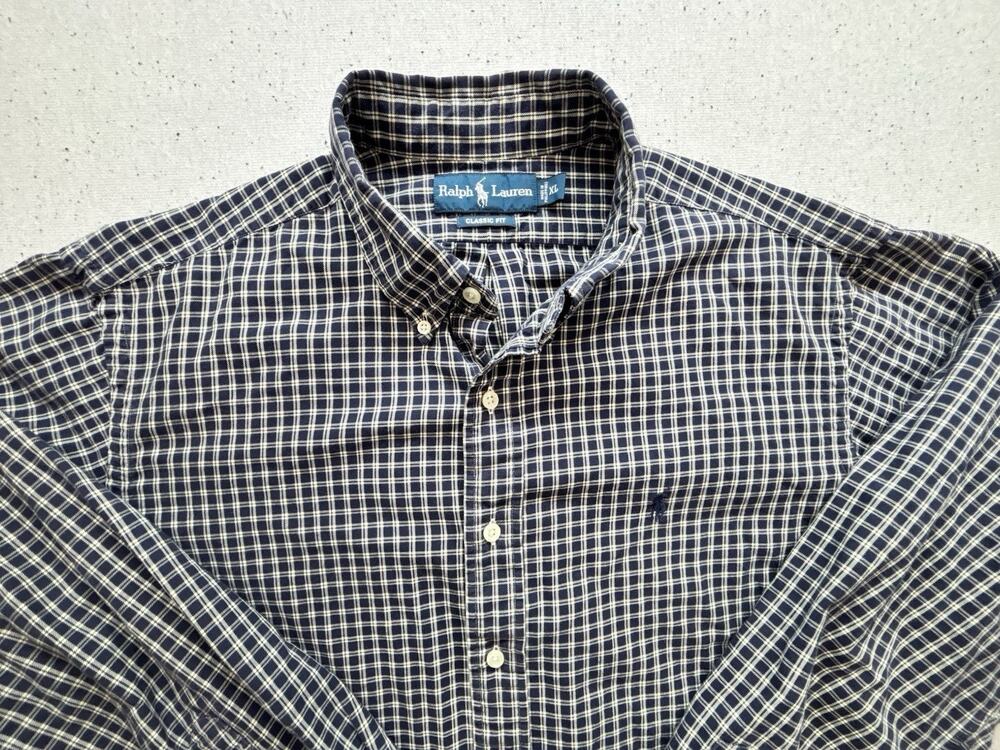 Polo Ralph Lauren Men Button Down Shirt XL Classic Fit Navy Blue Check Plaid LS